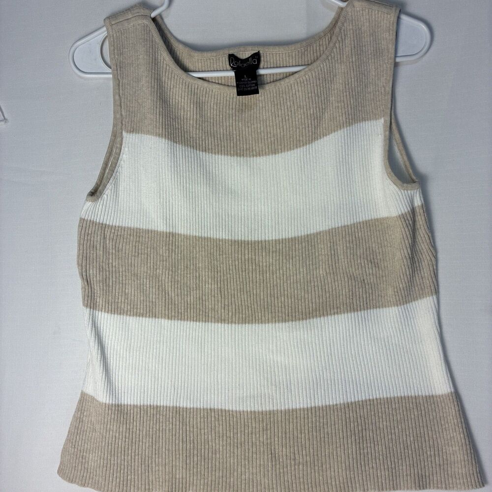Fashion Women’s Beige striped-Knit scoopNeck sleeveless Pullover Sweater M